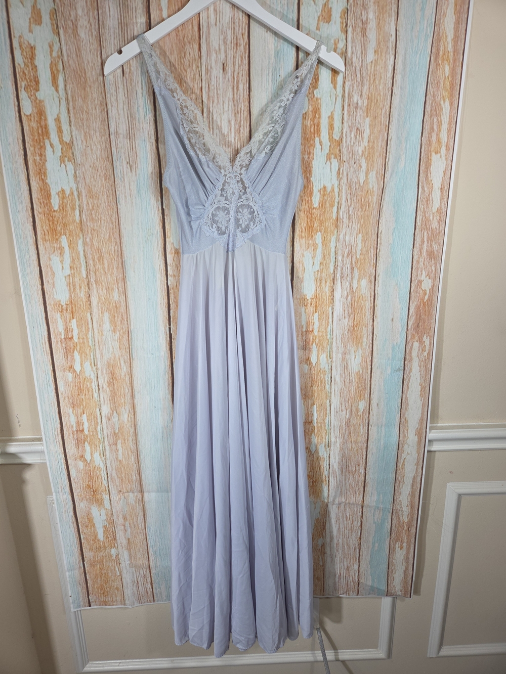 Olga Vintage Ice Blue Empire Waist Lace-Trim Maxi "Full Sweep" Nightgown